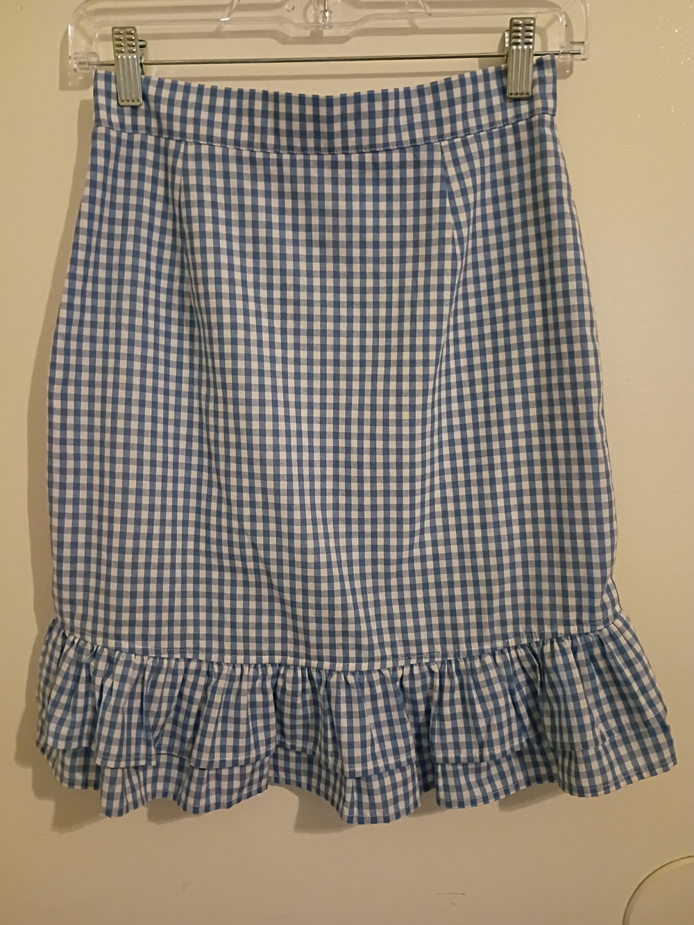 Doe & Rae Blue and White Gingham High-low Mini Skirt with Ruffle Hem Sz S